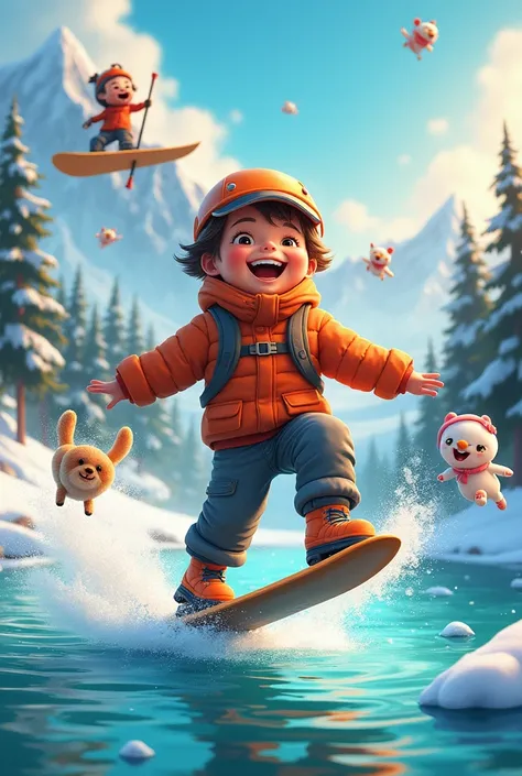 (Photorealism 1.2.)A vibrant and magical illustration of a  boy enjoying his favorite activities: performing a daring stunt on roller skates, paddleboarding (SUP) on a shimmering lake, and snowboarding down a snowy mountain. The boy is surrounded by happy ...