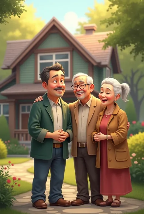 A man buying house for his parents. Parents with happy faces 