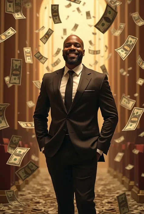 A black man with lot of money raining in the air 