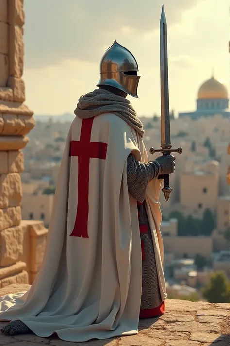 Un chevalier templier avec tabart blanc et croix rouge avec casque nasal priant avec son epee devantdevant jerusalem