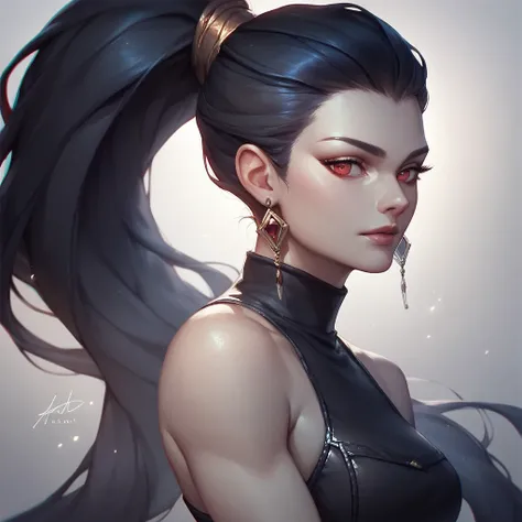 female black sleeveless leather turtleneck, bare shoulders, racerback, bare toned arms, beautiful faces, black ponytail with showing forehead, long ponytail, black earrings, soft smooth skin, pale skin, black and dark background, red eyes, sci-fi, assassin