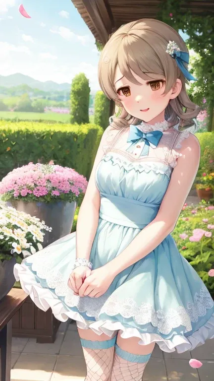 Delicate composition,  super detailed,  best quality,  blurry foreground ,  dynamic view ,  1 girl, (  Seductive Smile :0.6), Alone,  Hair Intake,  beautiful, detailed garden,  fluttered detailed petals , grow up, ( White Fishnet Tights), Minami Kotori