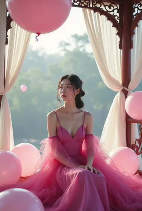 A beautiful Korean woman wearing an elegant magenta dress is sitting in a gazebo filled with long white fabric and balloons that stretch from above to touch the floor. la smiley . UHD