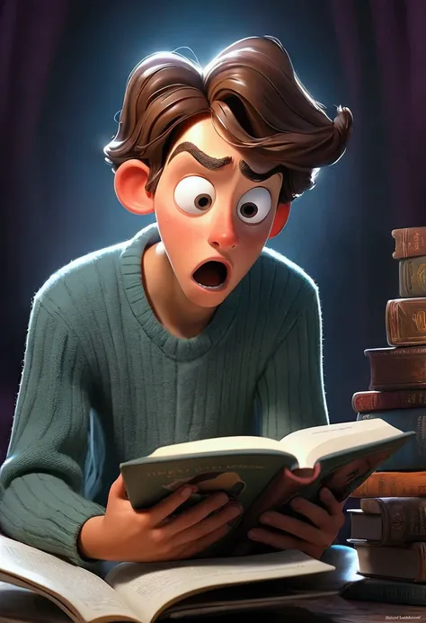 "Describe the scene of a young man who is surprised while reading a book. Detail the book he is reading and its content. Explore his facial expressions and emotions, as well as the reasons behind his surprise. Consider where he is reading and the surroundi...