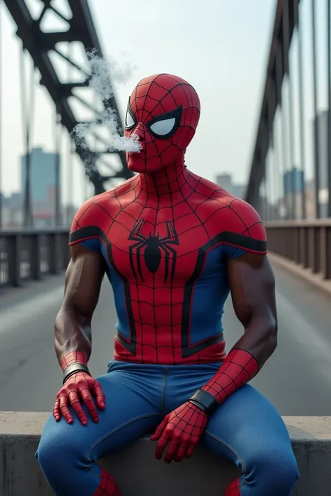 A black man wearing a Spider-Man costume sat on a bridge smoking and blowing smoke