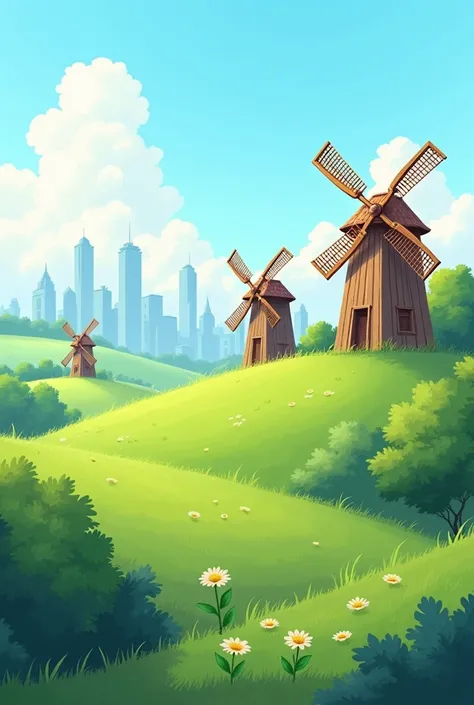 3 old windmills on green hill fare from the city cartoon 