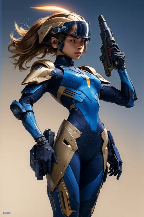 A female in a sleek, futuristic suit stands confidently, holding a large, four shot rocket launcher. The armor is form-fitting, with a beige and metallic color scheme and patches that suggest functionality and durability. The helmet is particularly notable...