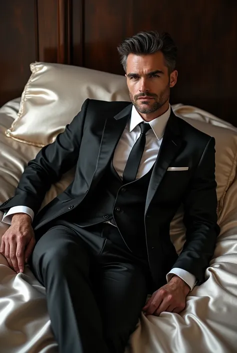 handsome 30+ man wearing black and white shiny satin suit with satin tie falling down to satin bed with rip satin pillow