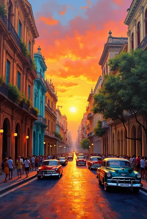  A sunset in Havana painted in very colorful oil with a lot of detail in high definition and measuring 140 cm wide by 198 cm high 