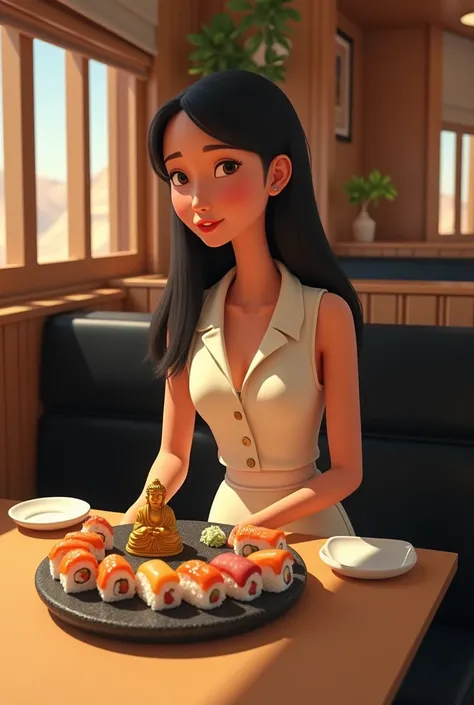 Woman 30 years, long straight black hair, wearing creme short sleeveless buttoned vest and creme long loose trousers with white sneakers. At Sushi restaurant with wood slat paneling in walls, black rectangular tables, sitting on black leather upholstered b...