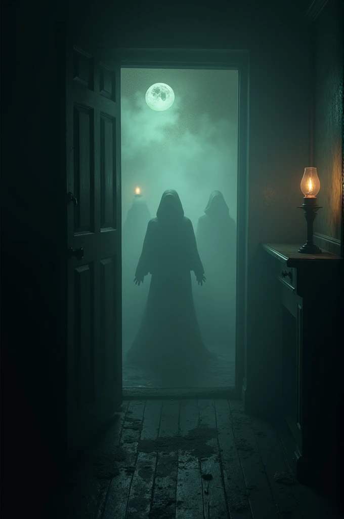 A dark, foggy room with strange shadows and a flickering lamp. Animated 