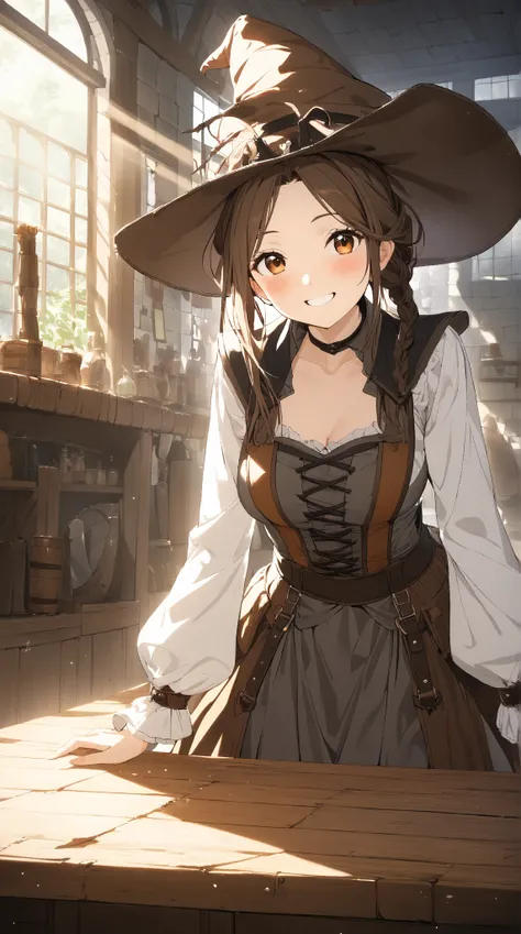 1 girl, (cute face), 18 years old, to many hairstyle, (curious, wide smile), (blush), medium breasts, slim, (wearing fantasy game style witchs costume, Lederhosen), (witchs Hat:1.2), (leaning forward:1.2), (standing, breast rest on table), looking at viewe...