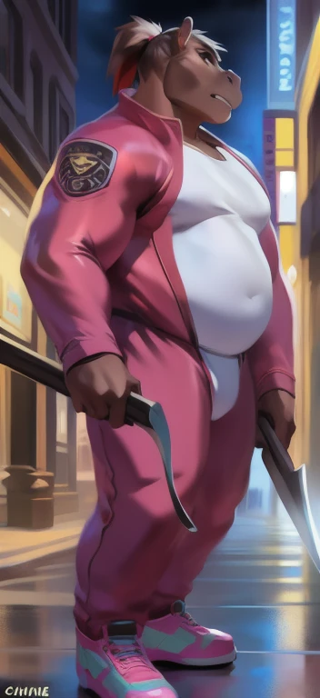 Solo,female Tall​, standing, street,Holding a sickle as a weapon and as a reaper.,hippo ,pink military spacesuit, overweight, big muscular, silent , ponytail​ pink, by chunie