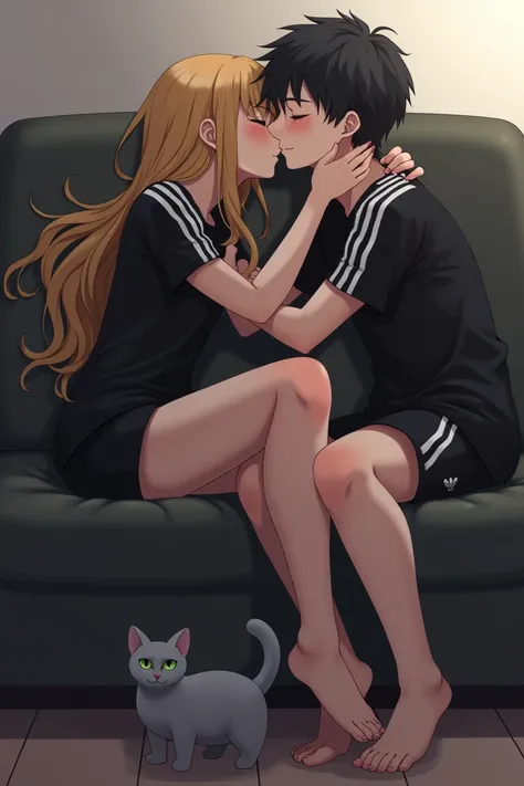 A Japanese anime .  There is a couple lying on a black couch with curled legs .  She has long blonde hair and straight bangs .  she has brown eyes .  He has short curly black hair and green eyes . They are kissing.  They wear a black t-shirt with white str...