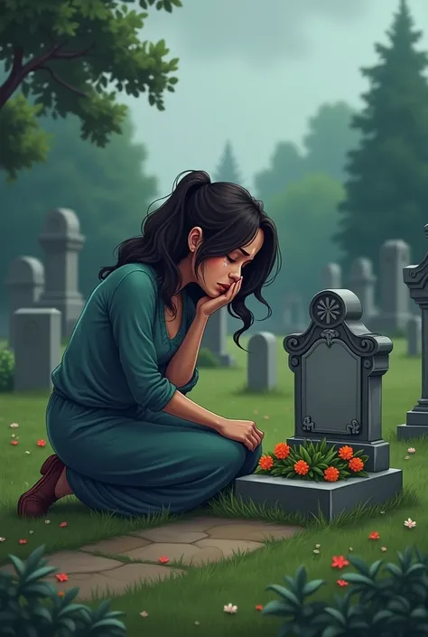 Woman weeping at her daughters grave in realistic cartoon