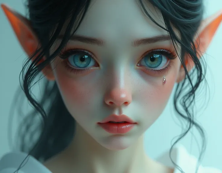 A blue-eyed waifu elf looking forward with watery eyes and a tear dripping from her left eye