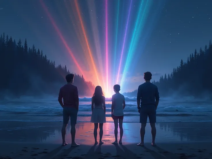 Create an image of three people, Two men and a woman watching colored beams of light coming out of the forest horizon around a beach at night 