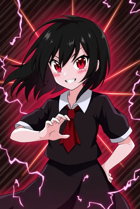 1girl, flying hair, red eyes, fire witch, blood on face, light particles, lightning rays, wallpaper, colorful, high contrast, vampire, smirk, evil smile, psychopathic smirk, psychopathic smile, tilted head