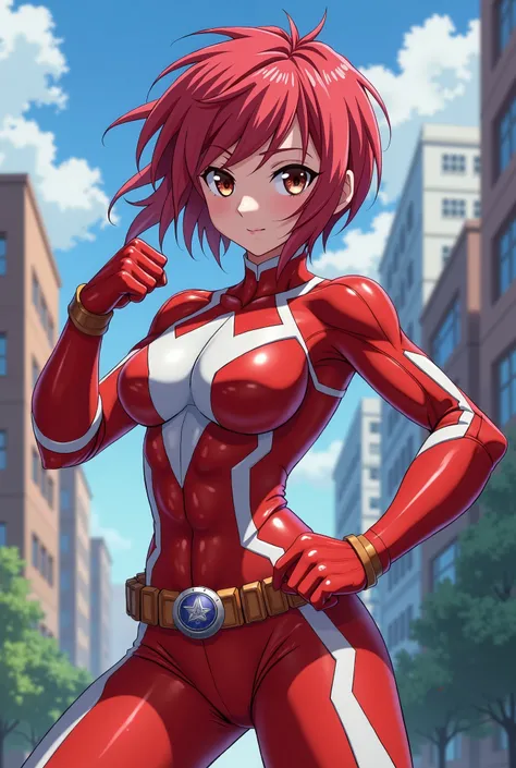 My Hero Academia Style , Anime girl, female, young female ,Full Body Shot,(fighting stance:1.3),Long hair, Red Hair,  Brown Eyes,Hero Suit, Full Body Suit, red suit with white details, perfect anatomy,  Toughened Abs,super detailed,(Buildings:1.2）