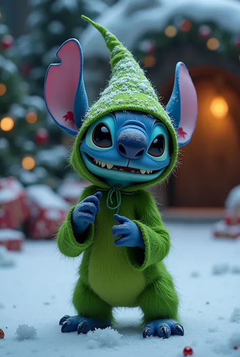 photo-realistic image of Stitch dressed as the Grinch plotting evil things