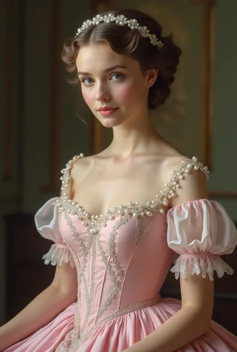  top quality ,  Daphne Bridgerton, 20 years old, wearing a pastel pink dress , SHORT NECK,  dressed with bare shoulders with a bodice decorated with crossed diamond shapes,  decorated along the bottom with intricate embroidery .  Her loose sleeves were mad...