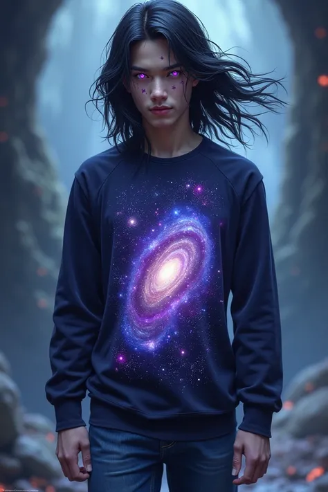 A black-haired character wearing a long-sleeved shirt with a galaxy in the middle, his eyes come out with a purple pupil and a star mark on his face, and he wears jeans 