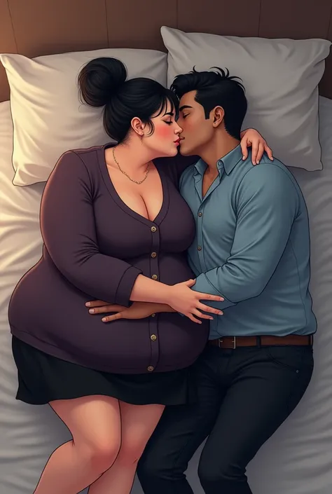 thick tall and busty with massive tits and ugly face  55 year old woman with black hair big bun , wearing only dark purple button cardigan and black skirt , lying on bed and hugging tight to a 20 year old handsome guy with black hair , guy is  wearing sky ...