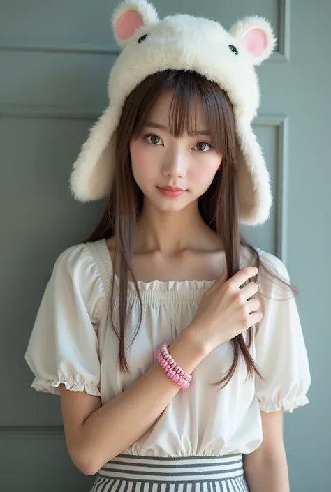 Aspect:  pale brown hair ,  long and neat ,  with peculiar but cute fringe ,  gray eyes with black and large iris , a white ushanka ,  long eyelashes ,  natural pink lips medium thick , Beautiful big eyes,  clear and delicate skin,  short blouse with loose...