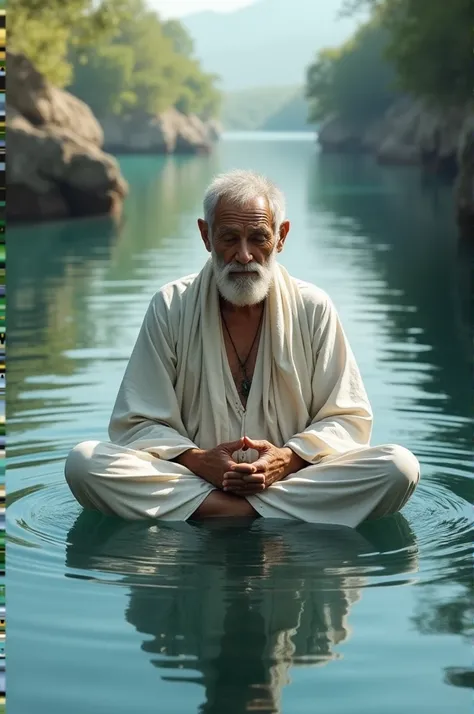 Depicting elderly man not wearing white hair shirt sitting cross-legged in water, 