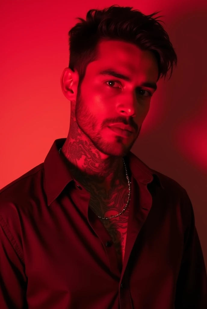  Realistic photo.  Very attractive man of 30 ,  with short dark hair and white complexion .  neck tattoos , mirando hacia la camara. He wears a wine-colored shirt and everything has intense red colors all over the photo, like a nightclub.. intense look