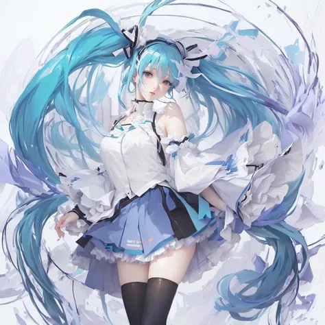 anime girl with blue hair and white shirt and black stockings, vocaloid, hatsune miku, portrait of hatsune miku, mikudayo, hatsune miku portrait, digital art on pixiv, miku, top rated on pixiv, nightcore, high definition anime art, pixiv, pixiv style, beau...