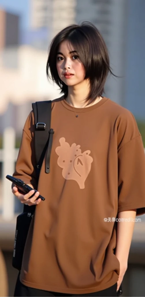  Beautiful woman wearing a loose t-shirt, carrying a bag .