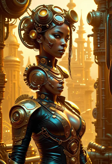 A steampunk-style portrait of a warrior enveloped in a world of gears and machines. The warriors armor is a fusion of leather and metal, adorned with protective goggles and exposed mechanisms that glisten in golden light. Steam tubes escape from her gloves...