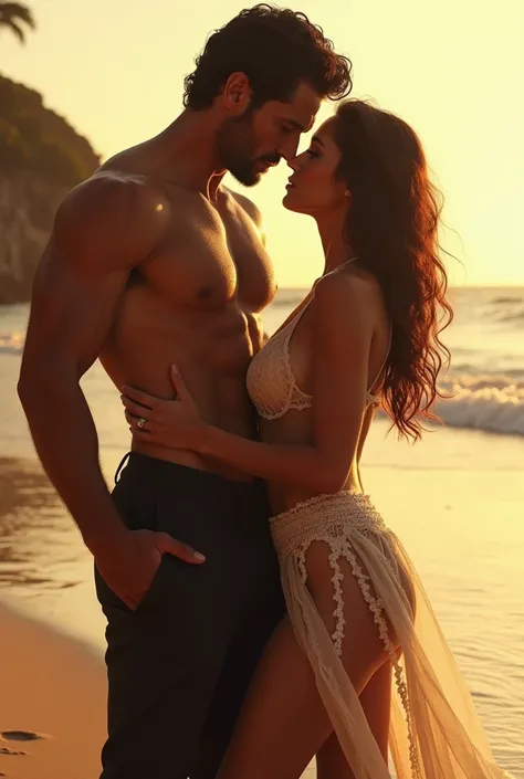 An intimidating, handsome man with a dark aura, standing close to a petite woman, his intense gaze fixated on her , beach, couple, pet, steamy, Romance, hot, possessive, 