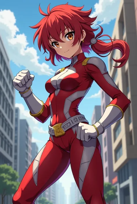 My Hero Academia Style , Anime girl, female, young female ,Full Body Shot,(fighting stance:1.3),Long hair, Red Hair,  Brown Eyes,Hero Suit, Full Body Suit, red suit with white details, perfect anatomy,  Toughened Abs,super detailed,(Buildings:1.2）