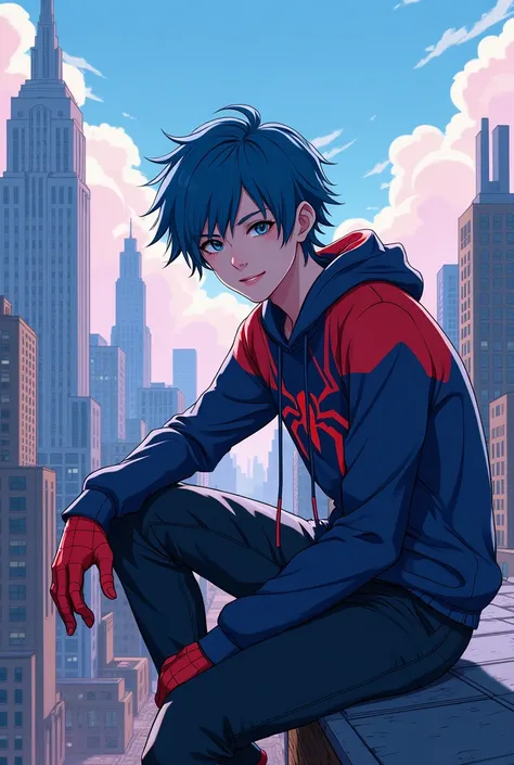 spiderverse comic art, anime art, man with little long shaggy medium length blue hair, grey eyes, sitting on the roof, in the new York location, pale, 18 years old, American boy, spiderman