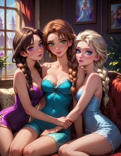 score_9, score_8_up, score_7_up, score_6_up, rating_questionable, 3girls, trio, beautiful waifu, (Anna, brown hair, green eyes, braided pigtails:1.3), (Elsa, blonde, blue eyes, braid:1.2), and (Megara, brown hair, purple eyes, ponytail:1.4), embracing, wea...