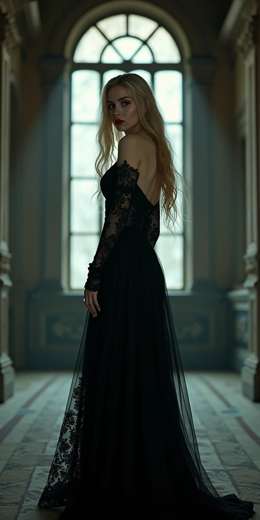 Full body portrait of an elegant vampire woman with long flowing blonde hair, wearing black stiletto heels, dark gothic Victorian dress with intricate lace details, pale luminous skin, striking red eyes, and subtle vampire fangs. Standing in a dimly lit ba...