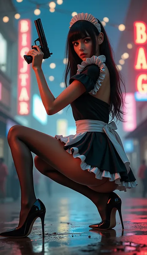  Model Shooting Style , Full body image, Heija , ( Extremely Detailed 8K Wallpaper ), (maid outfit, Maid Headgear,  Black sheer thin stockings ,  patent leather super high heels thin heels :1.5),  Tim Okamura 、 Marco Marconi and Joanne Loossel , Fashion, d...