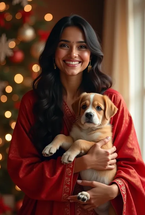 Happy black and long haired beautiful Indian woman in red clothes celebrating Christmas with dog in her hand 

