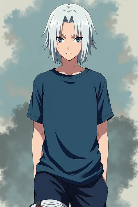  ,man, white hair medium hair , tall and since he is a boy not so thin or fat he is intermediate ,  wears a t-shirt and shorts , predominant blue and white , has no weapons or anything , is Uchija ,Serious.
 Now you see the image of the Naruto anime-style ...