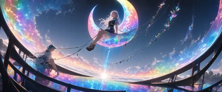 Attractive fishing girl sitting on a crescent moon, 1 person, A very thin line is hung straight down from a fishing pole, Aesthetic Earth attached to the top, Transparent and aesthetic internal illumination, Artistic Design, Dark pop fantasy, Crystal Coati...