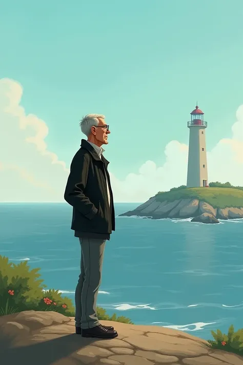 Homme soixante ans regarde la mer. Near a lighthouse  .
Il a les cheveux gris très courts, des petites lunettes. Unshaved. Grand nez. visage fin.
Il porte une veste noire et un jean gris. Il est grand et mince. mains dans les poches. 

#Pixar #cartoon #ban...