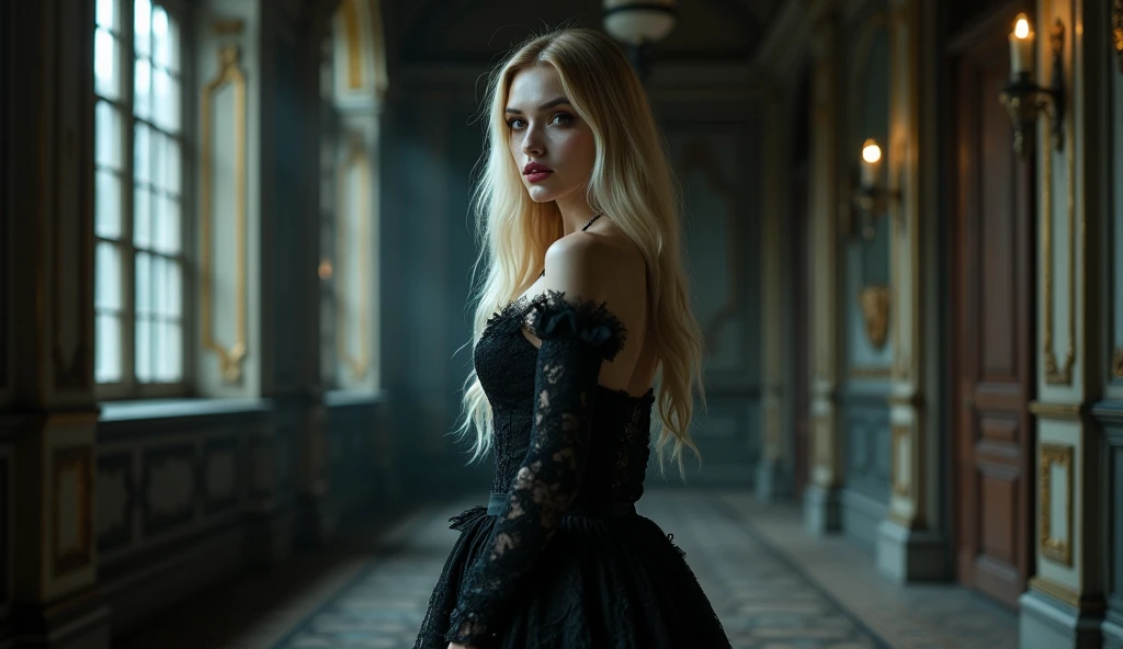 Full body portrait of an elegant vampire woman with long flowing blonde hair, wearing black stiletto heels, dark gothic Victorian dress with intricate lace details, pale luminous skin, striking red eyes, and subtle vampire fangs. Standing in a dimly lit ba...