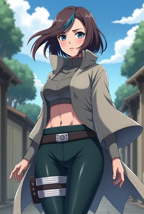 Naruto anime girl , wearing a shinobi ,  wide waist, medium brown hair with one blue strand on the right,  gray-blue eyes and blue mark under the eye  