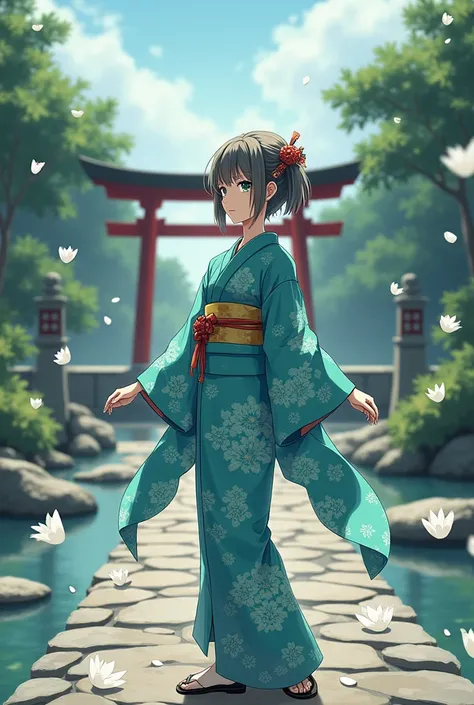 1girl, solo, from above, (white lily flowers), aesthetic, intricate, best quality, detailed background, Sayaka Miki, ((girl wearing a patterned teal kimono:1.2)), (walking in zen garden),  casual pose, detailed textures, posing, floral print, hair flower, ...