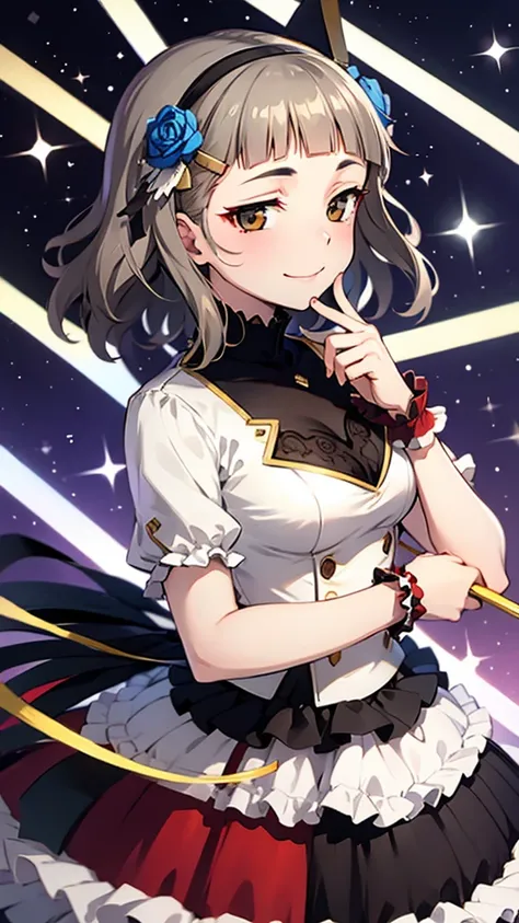 (((solo))), 1 woman, Sakuya Kurobane, sakuyaunif, kurobane_sakuya, (brown eyes), short hair, grey hair, black hairband, blue hair flower, red eyeliner, chest, blush, smile, (upper body), santa claus