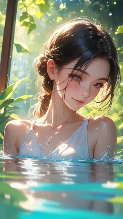 Create a low-angle image in stunning 16K Ultra HD, showcasing a so beautiful 40-year-old sexy Japanese woman with fair skin and long hair styled in an elegant bun. 

Her sexy figure features prominent curves, with water droplets glistening on her body as s...