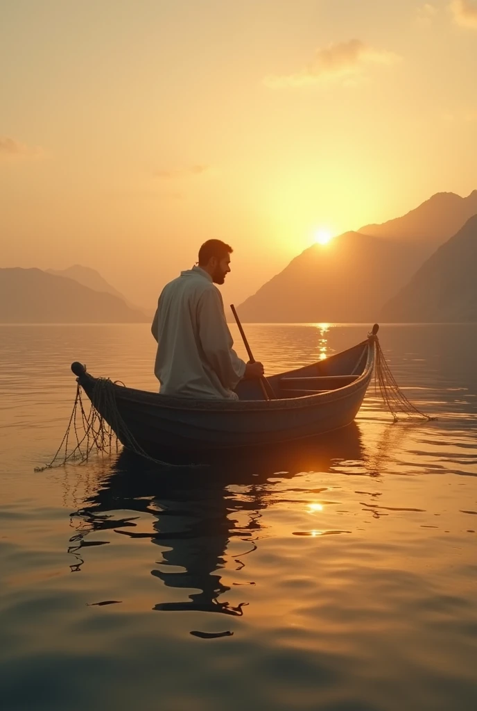 A humble fisherman in a simple boat, with fishing nets, at dawn on a peaceful lake in Galilee, surrounded by mountains in the background. The fisherman seems to be reflecting, looking at the horizon. Biblical setting with serene atmosphere and golden light...