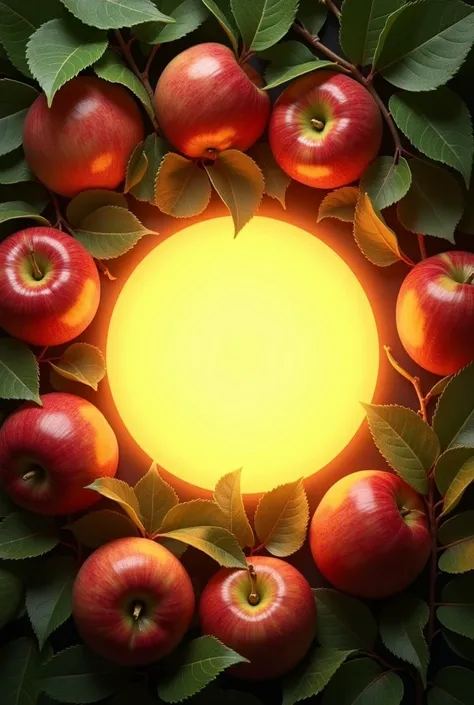 Circle with lights surrounded by apples and leaves